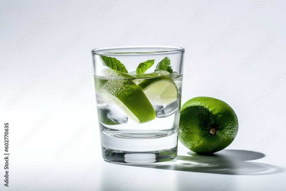 Poster refreshing glass of water with lime and a slice of lime on the rim generative ai