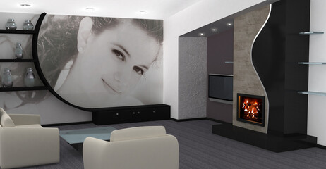 Photo on the wall is my own image.  Modern living room with a fireplace.