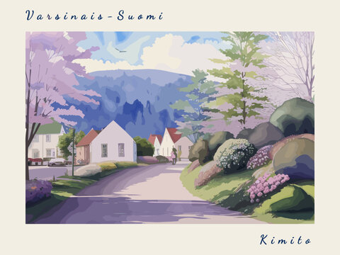 Kimito: Post card design with beautiful town painting in Finland and the city name Kimito