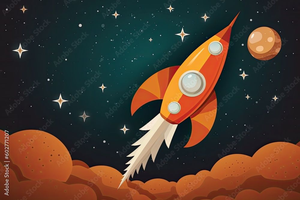 Poster cartoon rocket ship soaring through space with stars in the background generative ai