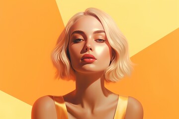 Beautiful young blonde woman posing against pastel shapes and colors