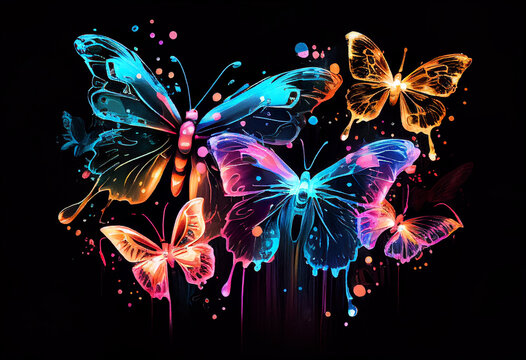 Beautiful neon multi-colored butterflies on a black background, painted in watercolor. AI Generated
