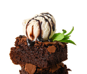 Pieces of tasty chocolate brownie with ice cream on white background, closeup