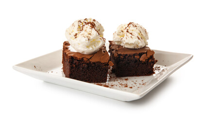 Plate with pieces of tasty chocolate brownie and ice cream on white background