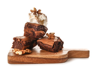 Wooden board with pieces of tasty chocolate brownie and ice cream on white background