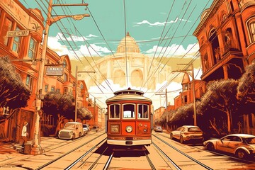 Art old style San Francisco retro design Illustration. Generative AI - obrazy, fototapety, plakaty