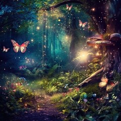 The enchanted forest has mushrooms, fireflies, butterflies, and other creatures. (Generative AI)