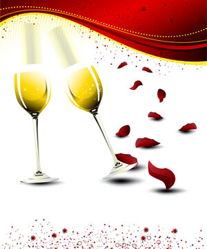 two glasses of champagne with falling rose petals - vector EPS illustration