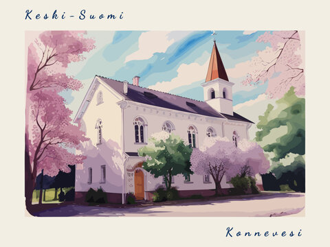 Konnevesi: Post card design with beautiful town painting in Finland and the city name Konnevesi
