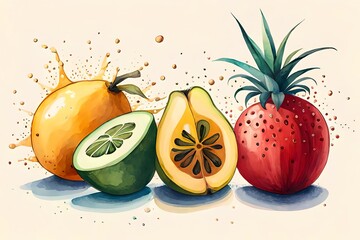 Tropische Fr&uuml;chte S&uuml;dfr&uuml;chte mit Orangen als gemaltes Bild mit Wasserfarbe, Avocado und Papaya