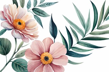 Watercolor floral illustration, green leaves, burgundy pink peach blush white flowers for Wedding invitations wallpapers wallpaper and fashion prints with Eucalyptus, olive, peony, rose