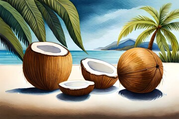 Kokosnuss am Strand mit Palmen im Sommer