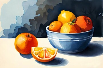 Tropische Fr&uuml;chte S&uuml;dfr&uuml;chte mit Orangen als gemaltes Bild mit Wasserfarbe