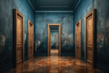 Doors lead into an empty dark room, in the style of light white and light indigo. Generative AI