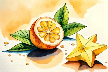 Tropische Fr&uuml;chte S&uuml;dfr&uuml;chte mit Orangen als gemaltes Bild mit Wasserfarbe