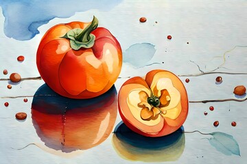 Tropische Fr&uuml;chte S&uuml;dfr&uuml;chte mit Orangen als gemaltes Bild mit Wasserfarbe, Avocado und Papaya