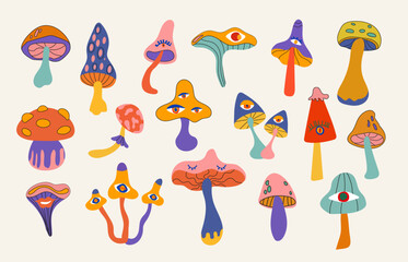 Set of clockwork mushrooms in retro 70s style. Psychedelic abstract hippie style mushrooms with eyes. Vector illustration on a light background.