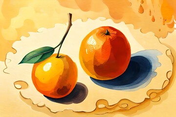 Tropische Fr&uuml;chte S&uuml;dfr&uuml;chte mit Orangen als gemaltes Bild mit Wasserfarbe