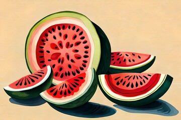 Wassermelone im Sommer als gemaltes Bild mit Wasserfarbe Kunst