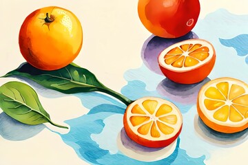 Tropische Fr&uuml;chte S&uuml;dfr&uuml;chte mit Orangen als gemaltes Bild mit Wasserfarbe