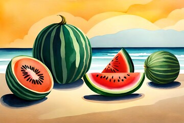 Wassermelone im Sommer als gemaltes Bild mit Wasserfarbe Kunst