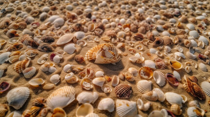 A seashell collection arranged in a beautiful pattern on the sand Generative AI