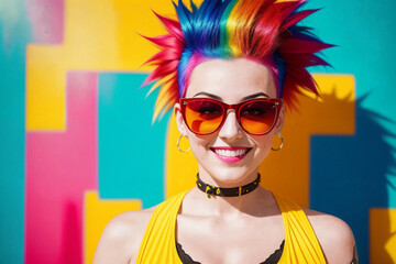 Fototapeta na wymiar Portrait of a woman with mohawk hair and sunglasses on a abstract colorful painted wall background, summer vibrancy. Generative AI.