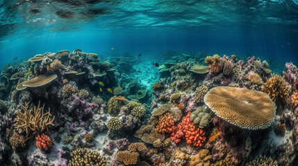 Naklejka na ściany i meble A breathtaking aerial view of a coral reef and its vibrant marine life Generative AI