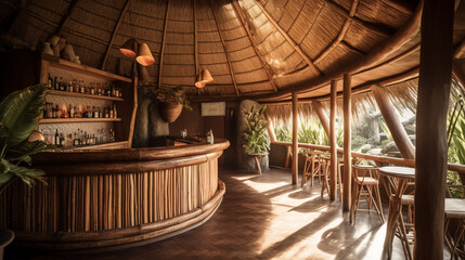 A tropical cocktail bar with a thatched roof and bamboo accents Generative AI