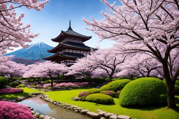 Fototapeta premium Sakura blossoms in japanese style ornamental garden, beautiful landscape. Generative AI.
