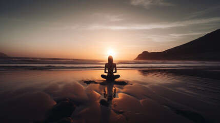 A serene yoga session taking place on the beach at sunrise Generative AI