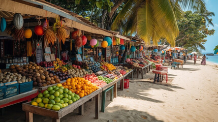 A vibrant beach market with colorful stalls selling tropical fruits and souvenirs Generative AI - obrazy, fototapety, plakaty