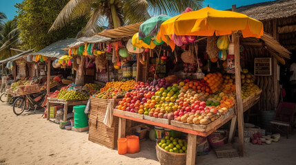 A vibrant beach market with colorful stalls selling tropical fruits and souvenirs Generative AI