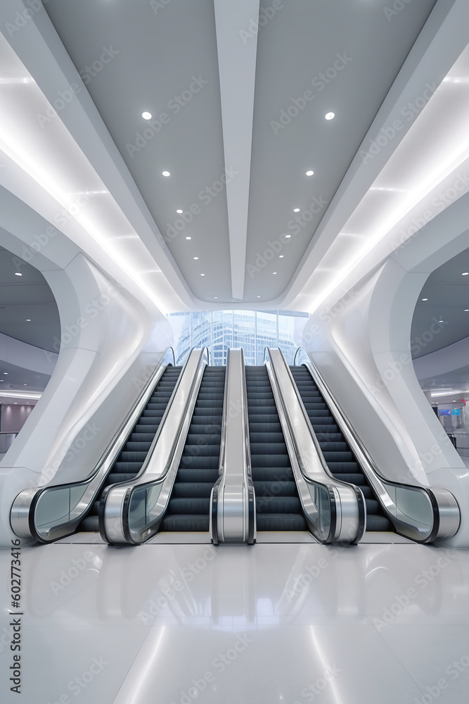 Poster an escalator in a building with a lot of escalators. generative ai.
