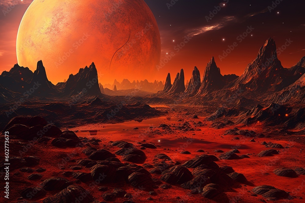 Poster a scene from far space, with a planet in the backdrop colored red generative ai