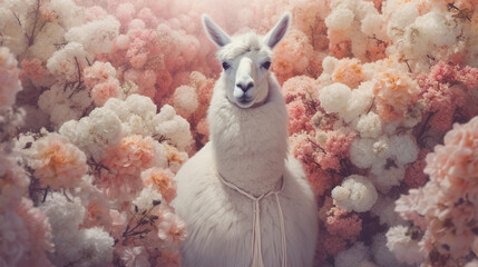 Lama Surrounded by Beautiful Flowers in a Muted Pastel Aesthetic with Surrealism Elements - Dreamy Background - Generative AI