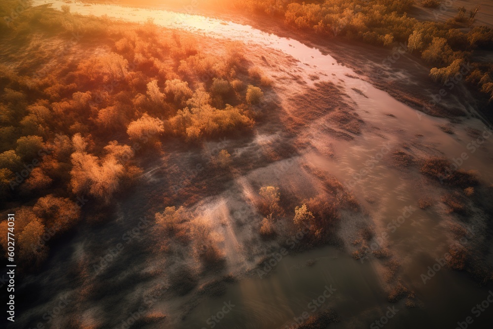 Poster an overhead perspective of a river in the middle of a forest generative ai