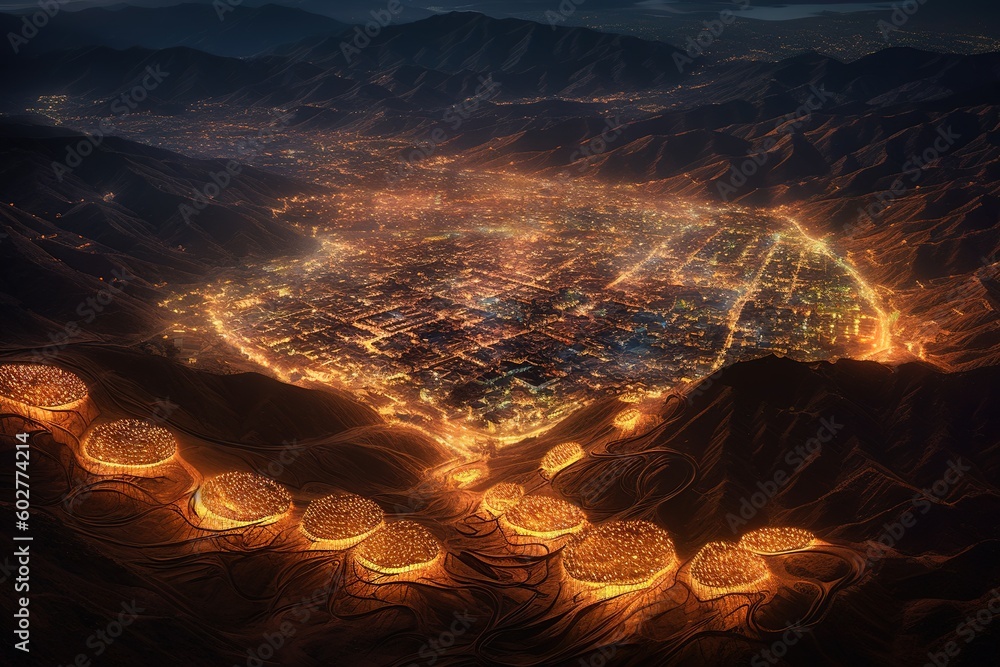 Poster a nighttime image of a metropolis as seen from above. generative ai