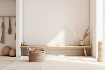White wall copy space. Minimalist empty room with minimalist boho decor. Wall scene mockup product. Promotion background. Generative AI.
