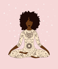 African American woman doing yoga. Black woman meditating in lotus pose. Vector illustration.