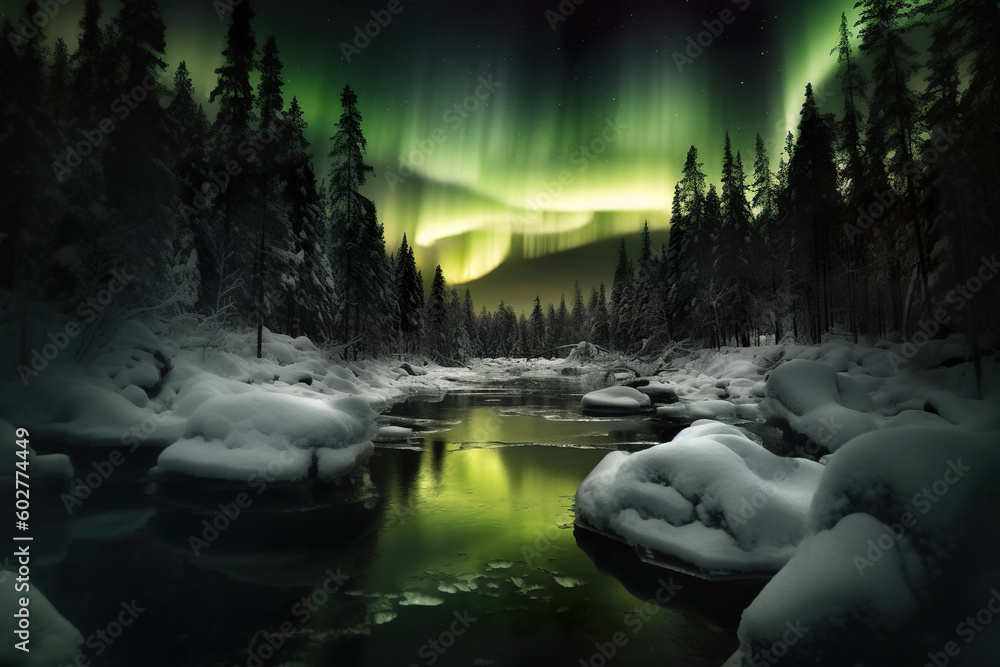 Aufkleber a stream running through a forest filled with snow. generative ai.