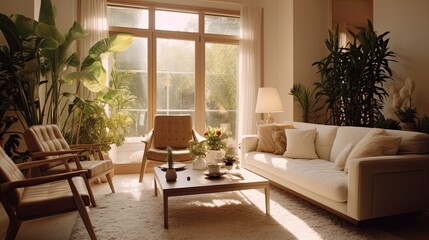 Living room interior with indoor plants.