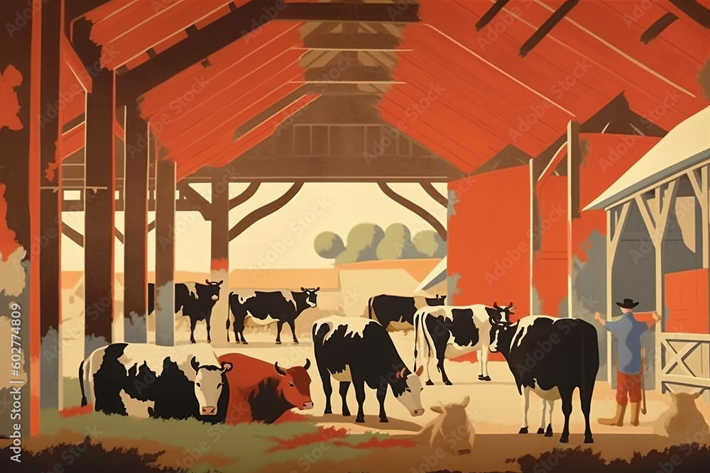 Poster a group of cows standing around a barn. generative ai.