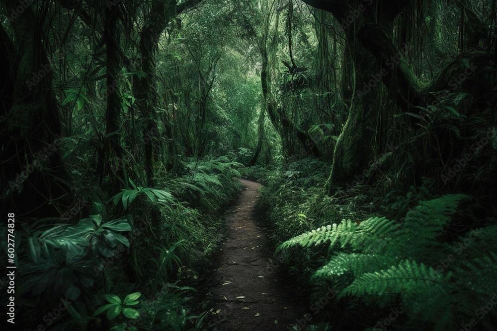 Poster a route that runs through the midst of a forest that is quite green. generative ai
