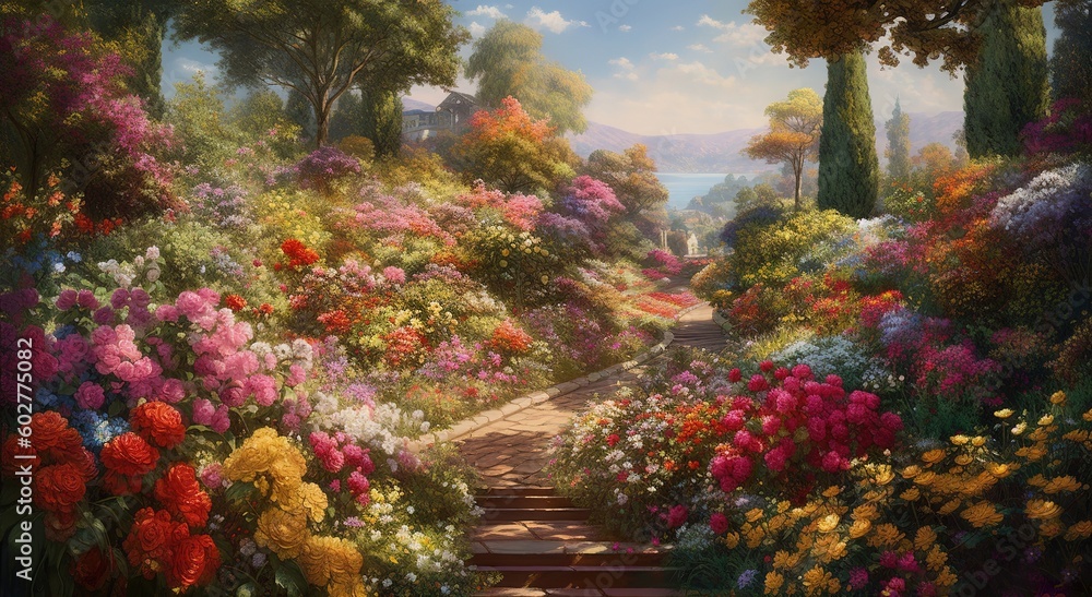 Poster an image depicting a garden with many plants and trees in it generative ai