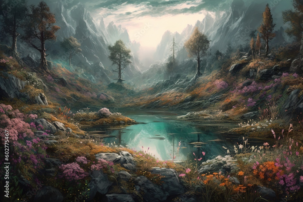 Poster a depiction of a mountain lake that is encircled by several types of flora generative ai