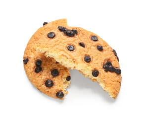 Tasty broken cookie with chocolate chips isolated on white background