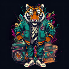 A tiger with a boombox and music notes. Generative AI. Clip-art on black background