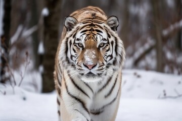 Fototapeta na wymiar majestic tiger walking through a snow-covered forest Generative AI