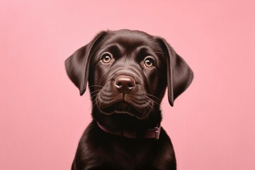 Fototapeta premium Portrait little labrador puppy on pastel pink background. Generative AI